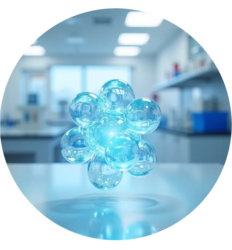 Molécula de esferas puras flotando en laboratorio, representando la calidad superior de las materias primas de DIBOSA.
