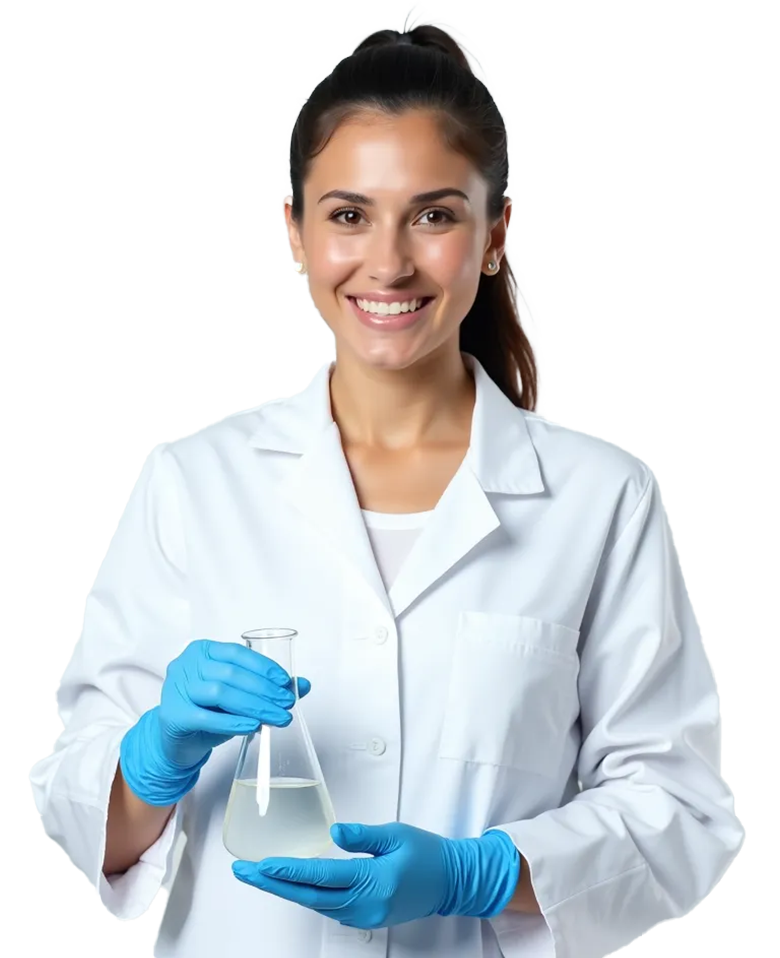 Técnico de laboratorio con bata blanca y guantes azules sosteniendo un vaso de precipitados con líquido transparente, fondo claro.